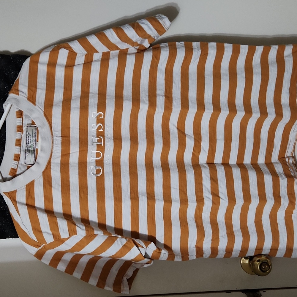 Guess Originals Stripe Spellout Logo T-Shirt Vintage Y2K White And Yellow